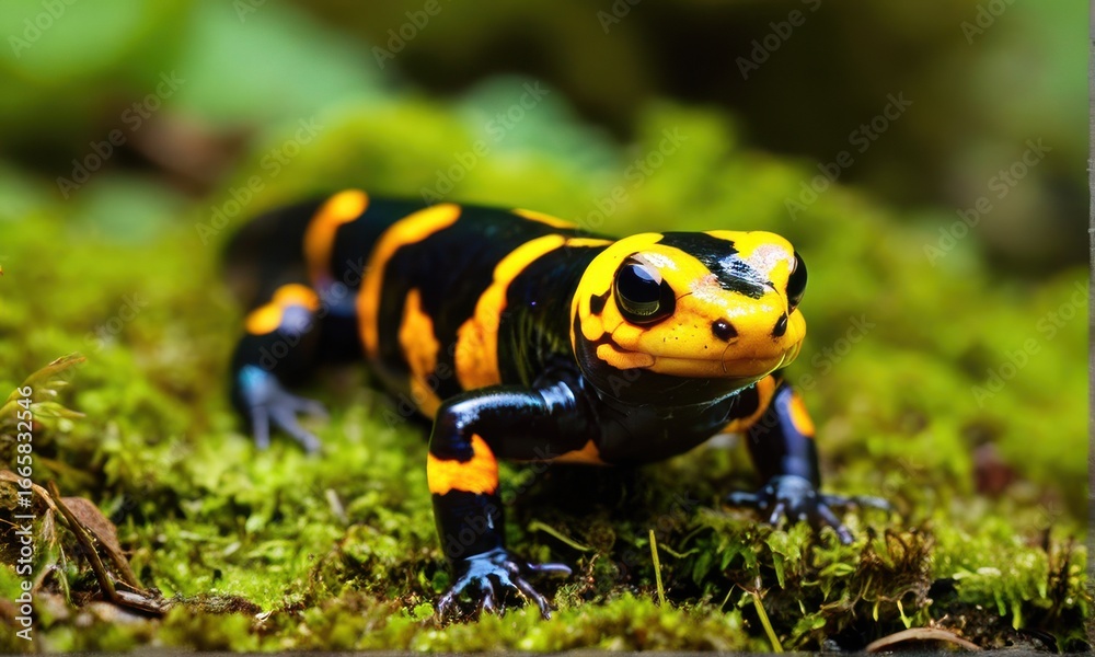 Fototapeta premium Vibrant Yellow And Black Salamander On Green Moss