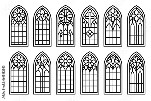 Elegant gothic stained glass window designs in black and white