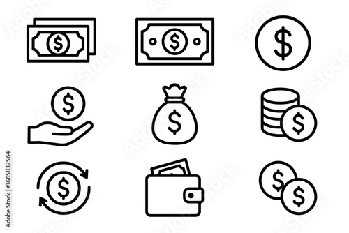 Set of black and white icons representing money and finance concepts