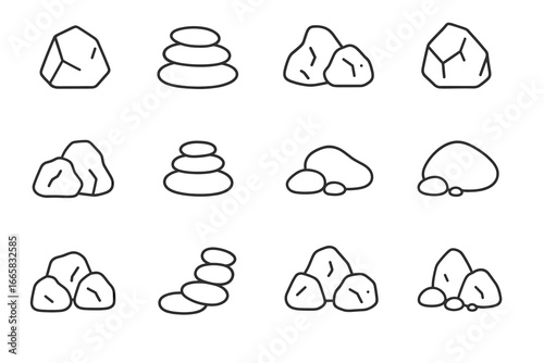 Collection of outline rock and stone icon variations on white background