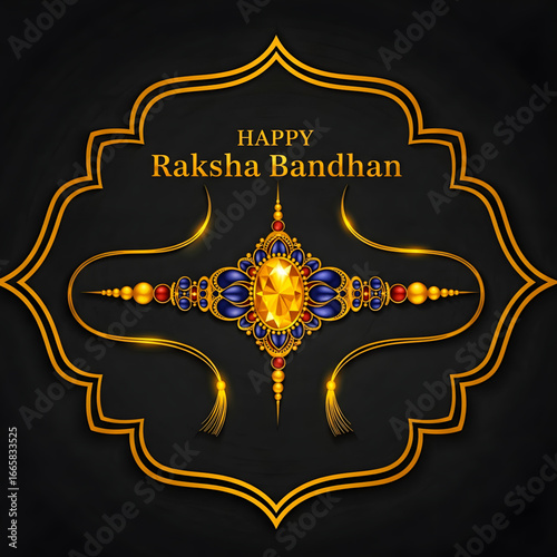 A raksha bandhan design with a golden rakhi on a black background with golden decorative borders