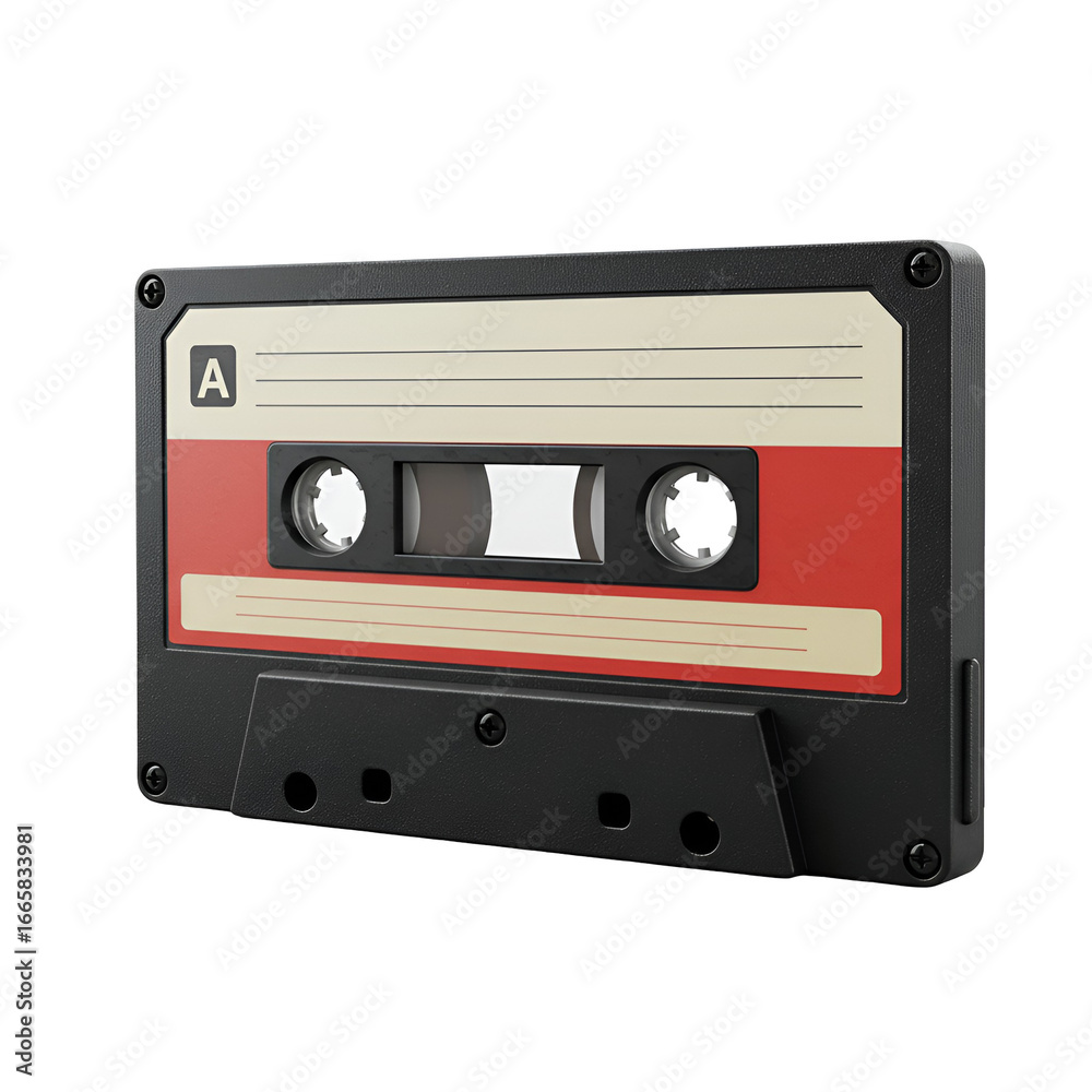 Fototapeta premium Realistic 3D Illustration of a Vintage Black Cassette Tape with Red and Cream Accents on Transparent Background