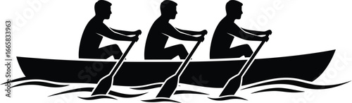 Silhouette of three rowers in a boat rowing water