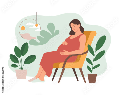 Serene Expectation: A tranquil pregnant woman in a warm and inviting space, softly cradling her belly.