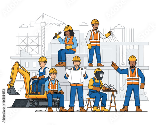 Construction Crew: A collective of skilled construction workers collaborating on a building site, exemplifying expertise and teamwork amid an active construction environment.
