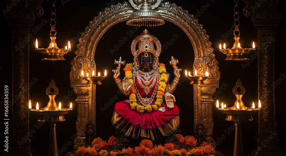 Fototapeta premium Parvati Statue with Candlelight and Marigold Flowers