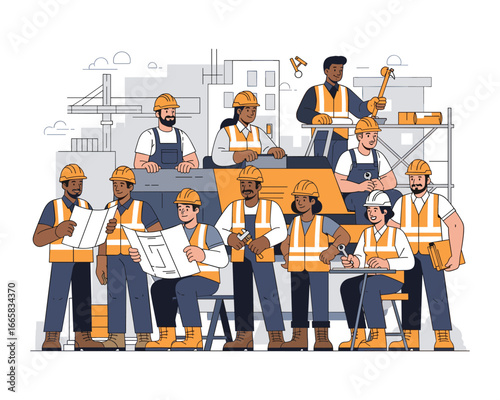 Construction Crew at Work: A dedicated construction crew, equipped with safety gear and tools, collaborates on architectural plans amidst an urban construction site, showcasing expertise and teamwork.