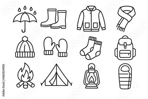Outdoor and camping essentials: umbrella, boots, jacket, scarf, hat, gloves, socks, backpack, campfire, tent, lantern, sleeping bag