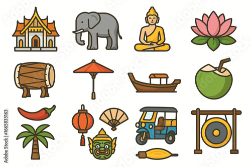 Traditional thai symbols: elephant, buddha, lotus, tuk-tuk, lantern, coconut, more