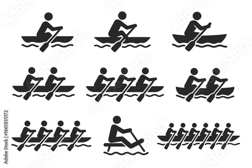 Silhouette of rowers in canoes and kayaks: vector icons of water sports