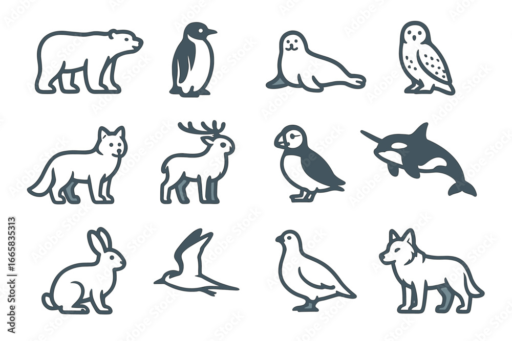 Fototapeta premium Outline illustrations of various animals including bear, penguin, seal, and wolf