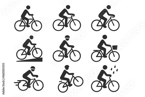 Various cycling icons: biking, helmets, weather, and speed