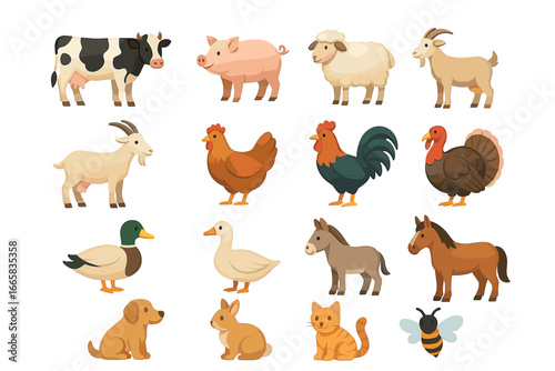 Collection of farm animals: cow, pig, sheep, goat, chicken, duck, horse, dog, cat, rabbit, bee
