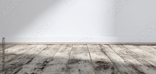 The Wooden Floor and White Wall Bathed in Soft Natural Sunlight for Background