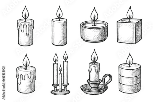 Hand-drawn sketch set of various lit candles with different shapes and holders