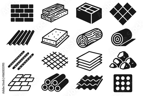 Collection of various construction materials icons: brick, wood, tile, stone, metal, fabric