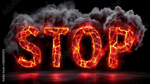 Fiery Glowing Letters Forming the Word Stop Surrounded by Dramatic Smoke and Fire Effects.Seamless animation loop concept