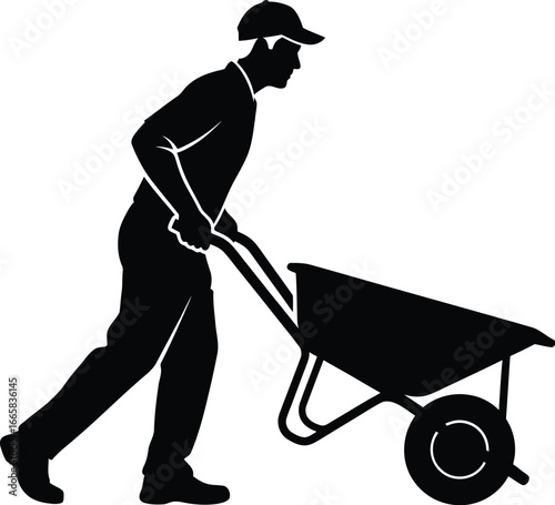 Silhouette of a man pushing a wheelbarrow, representing construction, gardening, or manual labor with simple design