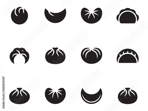 Collection of Black and White Dumpling Icons, a set of various dumpling icons, in black and white, isolated on a white background.