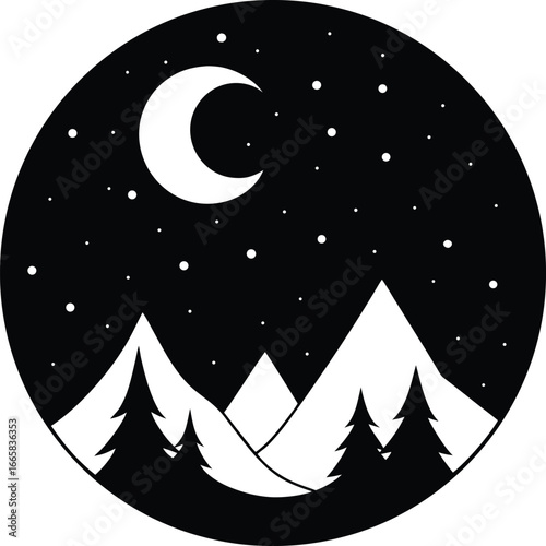 Night Mountain Landscape with Moon and Stars