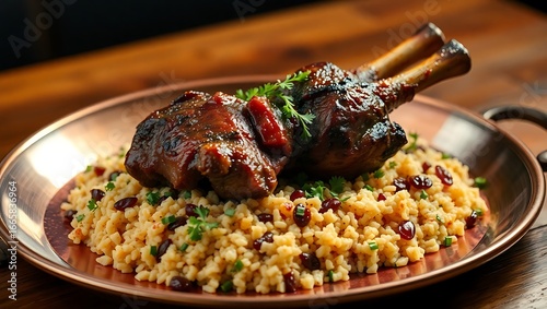 Slow-cooked lamb shank on freekeh pilaf, placed on copper tray with rustic garnish, dramatic lighting
