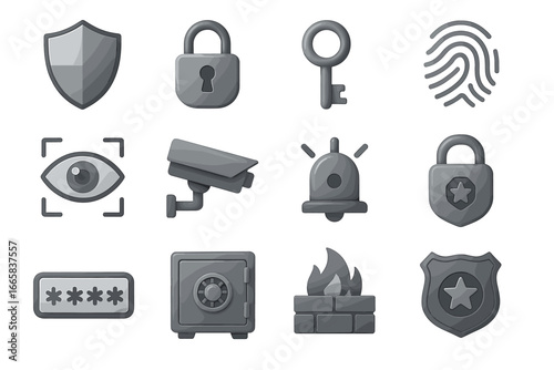 Security and privacy icons: shield, lock, key, fingerprint, camera, alarm, firewall