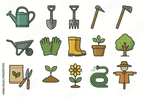 Colorful gardening icons set with tools, plants, and accessories