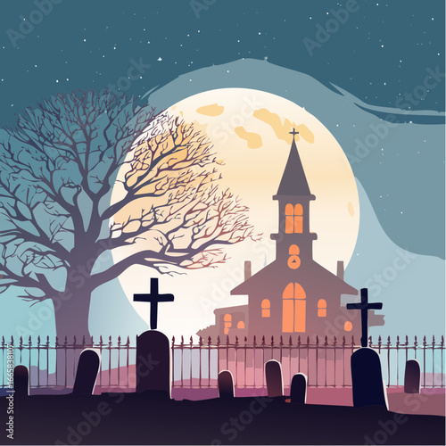 Spooky graveyard scene with a church and full moon on Halloween night, vector illustration for spooky celebrations