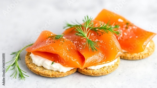 Smoked salmon on rye crisps with cream cheese and dill, clean background