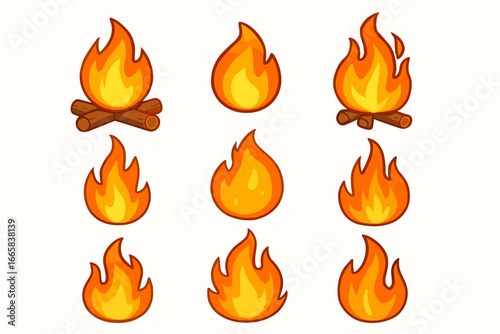 Cartoon fire flames collection with campfire elements on white background