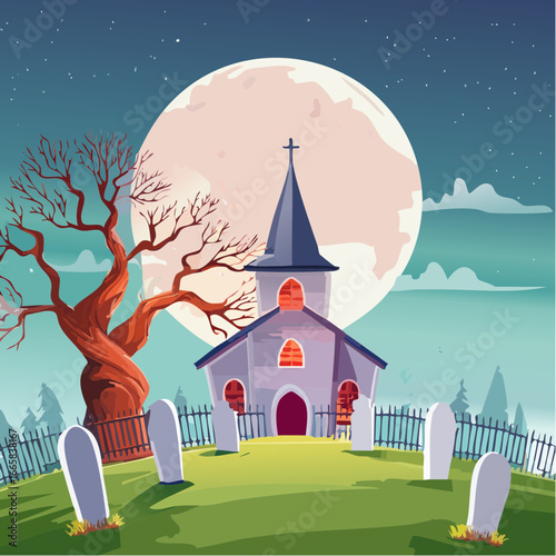 Spooky Halloween Church and Graveyard Under a Full Moon, Vector Illustration