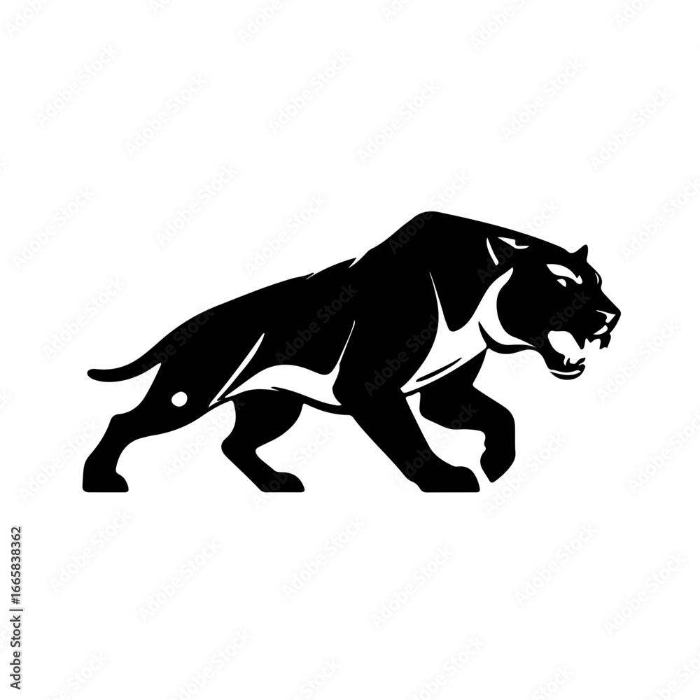 Fototapeta premium Saber-toothed Tiger Prehistoric Animal Icon A fierce and striking vector icon of a saber-toothed tiger. This minimalist, black and white design captures the raw power