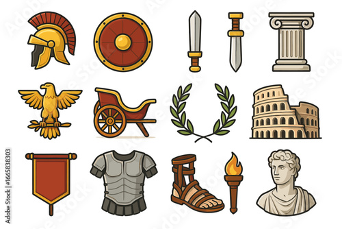 Ancient roman symbols: helmet, shield, sword, pillar, eagle, chariot, laurel, colosseum, armor, sandals, torch, bust