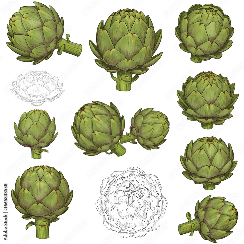 Fototapeta premium Realistic Artichoke Collection On Transparent Background Illustration