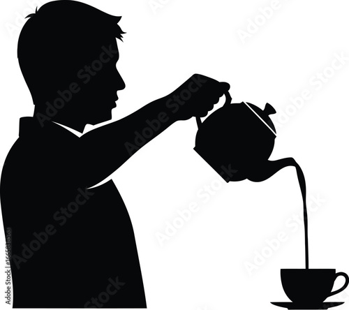Silhouette of a man pouring tea from a teapot into a cup, representing relaxation and refreshment