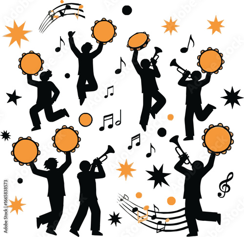 Silhouetted figures playing instruments, dancing, and celebrating with musical notes and stars.