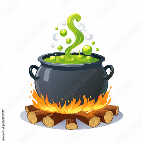 Magical bubbling green potion in a classic witch's cauldron over a roaring log fire, isolated vector art for sorcery themes