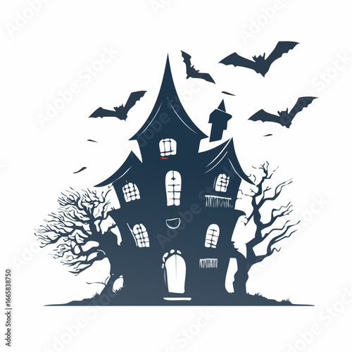 A sinister, crooked haunted house vector silhouette, featuring an eerie, dilapidated mansion with twisted trees and flying bats, perfect for Halloween designs