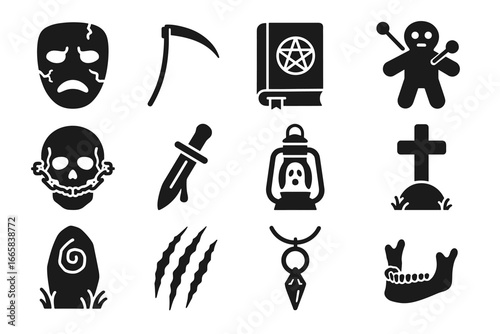 Spooky halloween icons: mask, scythe, spellbook, voodoo doll, skull, knife, lantern, tombstone, rune, claw marks, talisman, jawbone