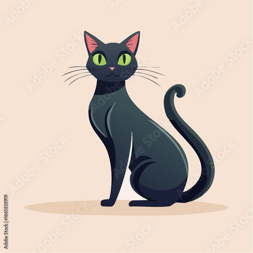 A captivating minimalist illustration of a sleek black cat with vibrant green eyes, sitting elegantly on a soft pink background