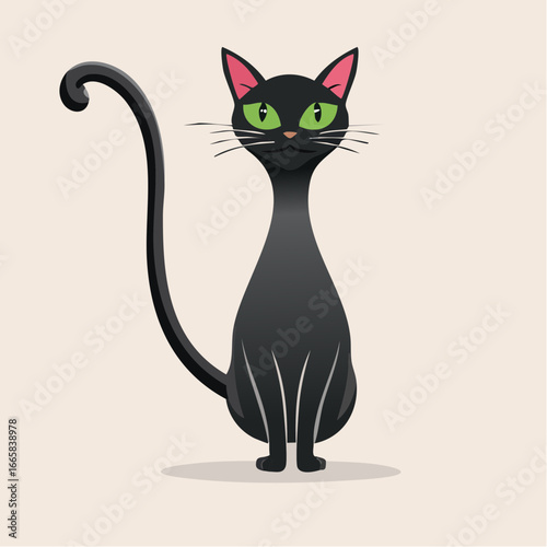 Minimalist Vector Illustration of a Black Cat with Green Eyes, Arched Back, and Tail Held High