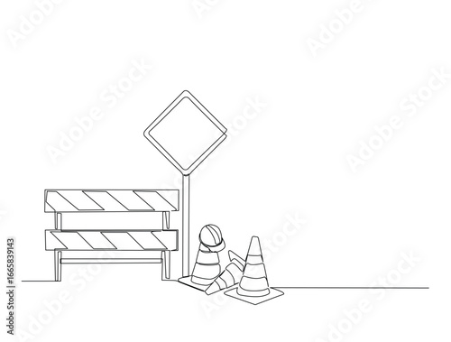 Continuous line art drawing of emergency warning crossbar for industrial concept. Crossbar protection sign in single line art drawing vector illustration. Editable stroke.
