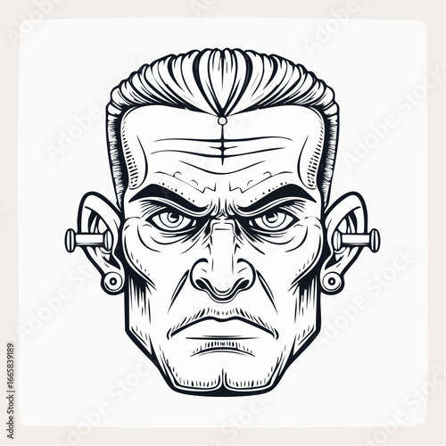 Stylized graphic vector art depicting a formidable creature's head, showcasing a distinctive flat top and prominent neck bolts, embodying a powerful and eerie presence with a stern gaze
