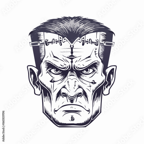 Stylized Graphic Vector Illustration of Frankenstein's Monster Head with Neck Bolts
