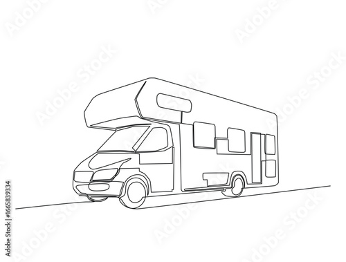 Continuous line art drawing of motor caravan vehicle. Camper van in single line art drawing vector illustration. Editable stroke.