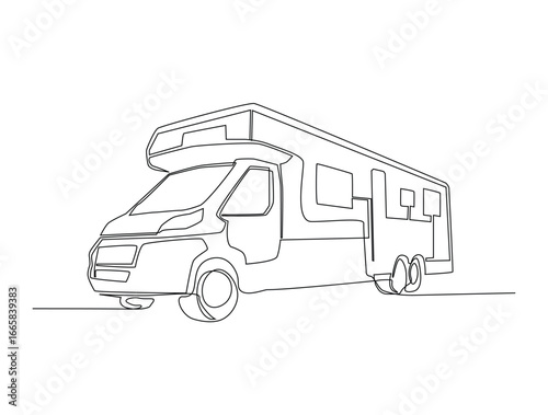 Continuous line art drawing of motor caravan vehicle. Camper van in single line art drawing vector illustration. Editable stroke.