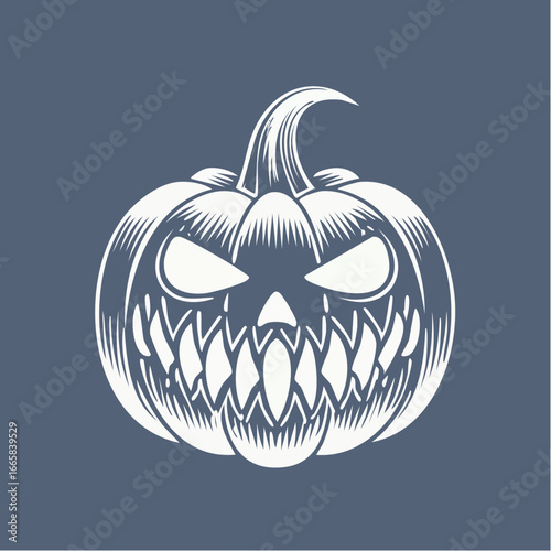 Monochrome vector art of an evil pumpkin head for Halloween. A classic high-contrast jack-o'-lantern illustration with a terrifying carved face