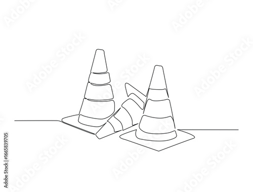 Continuous line art drawing of pylons or traffic cone. traffic cone in single line art drawing vector illustration. Editable stroke.