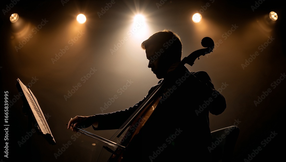 Fototapeta premium A focused silhouette of a cellist in concert, bathed in warm stage lighting.