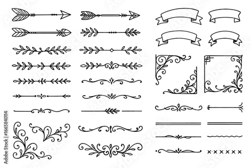 Decorative black line art: arrows, banners, frames, and ornaments for design